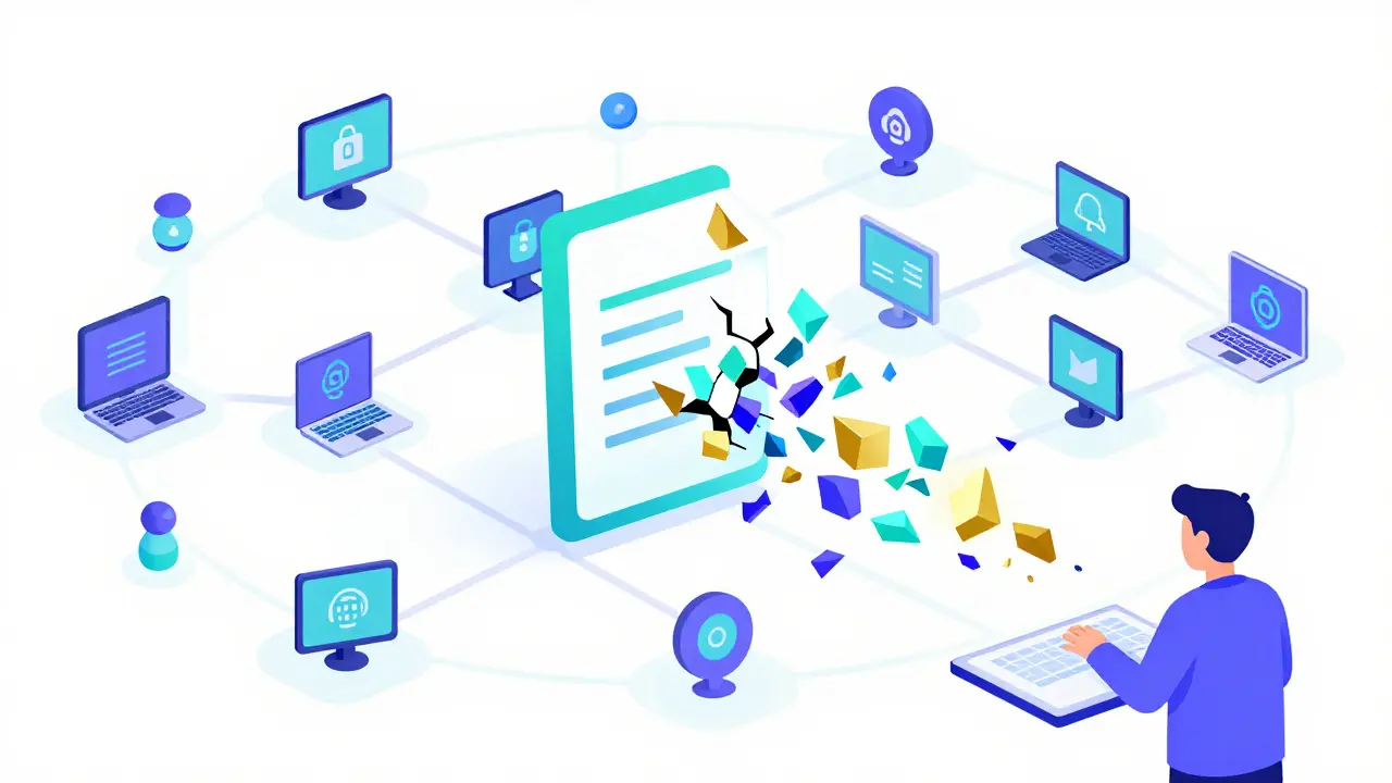 A document breaking into encrypted colorful shards and dispersing across a network of computers.