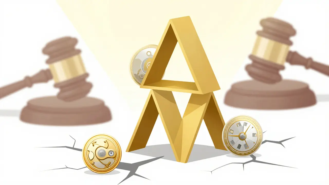 A fragile house of cards made of luxury watch parts and crypto coins with a gavel shadow