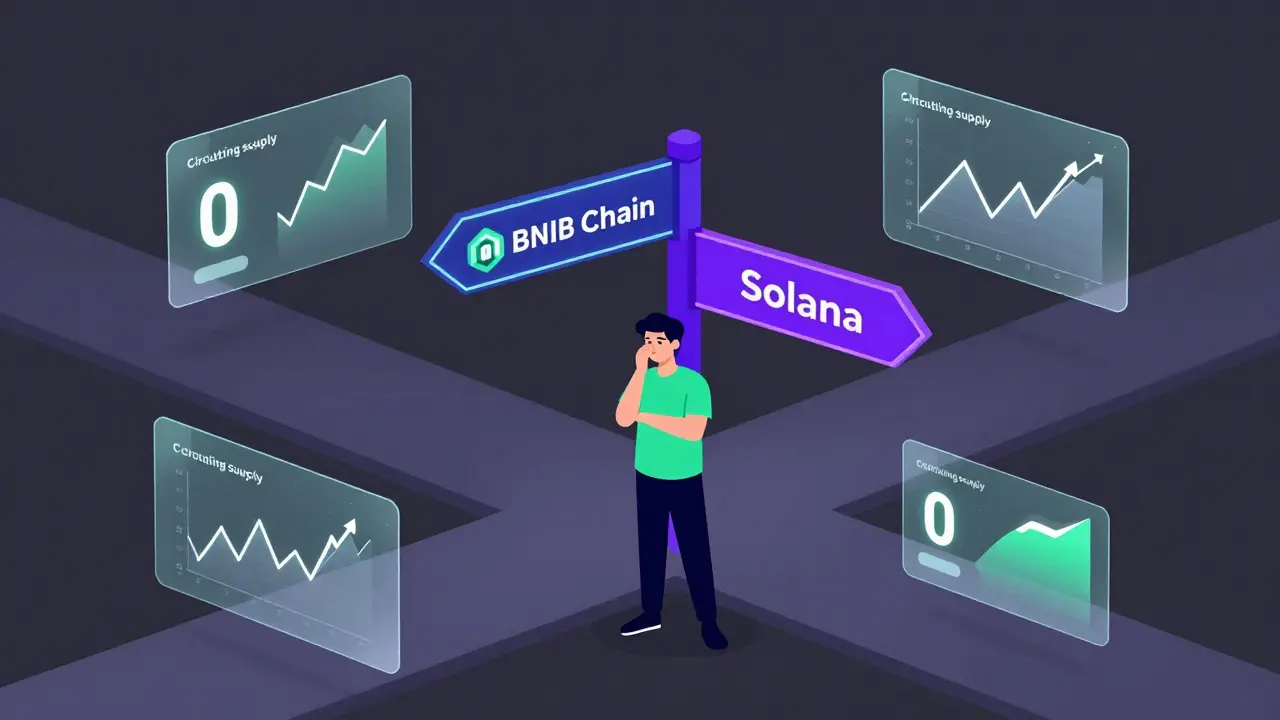 A person confused by conflicting blockchain signs and digital screens showing zero supply