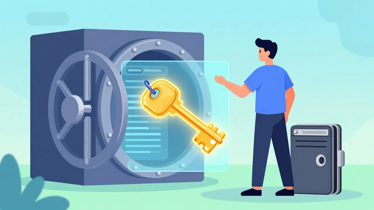 A person using a golden digital key and a hardware wallet to access their secure data vault.