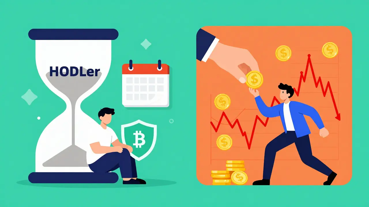 Comparison between a patient long-term investor and a stressed day trader.