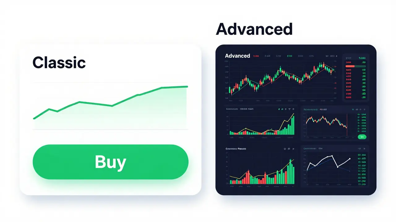 Comparison between a simple and a complex crypto trading interface.
