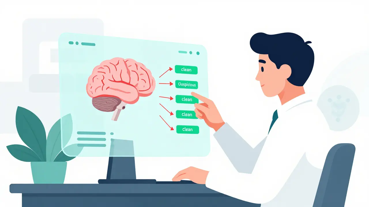 Compliance officer working with an AI system to filter suspicious cryptocurrency transactions