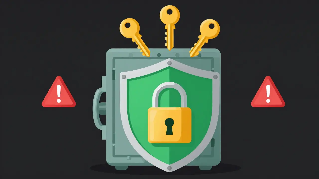 Digital vault protected by a shield with floating safe keys nearby.