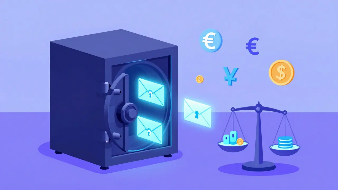 Digital vault with encrypted envelopes and a balanced scale of global currencies.