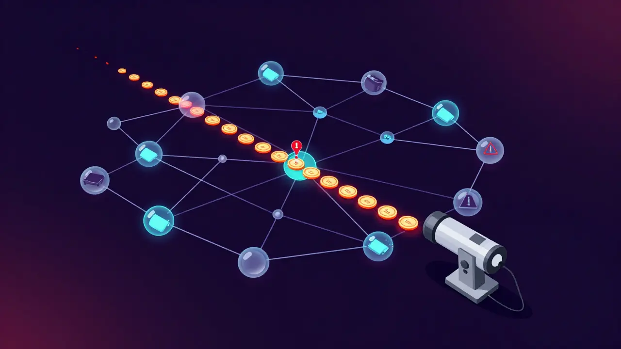Digital visualization of a blockchain transaction trail with red alerts for sanctioned wallets