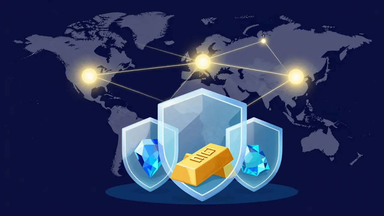 Flat design showing gold and gemstones being tracked on a global blockchain network.