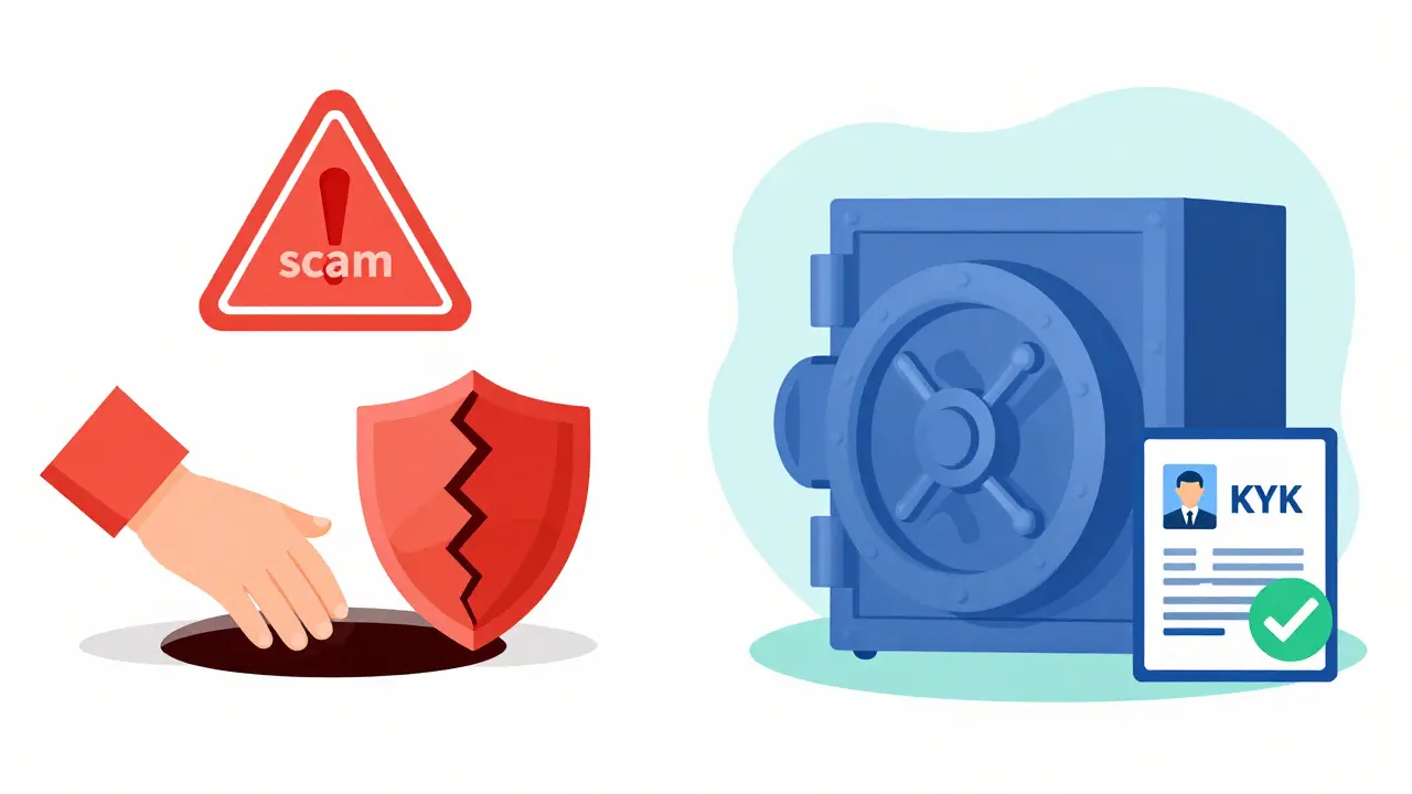 Flat illustration comparing a red warning area with a secure blue vault.