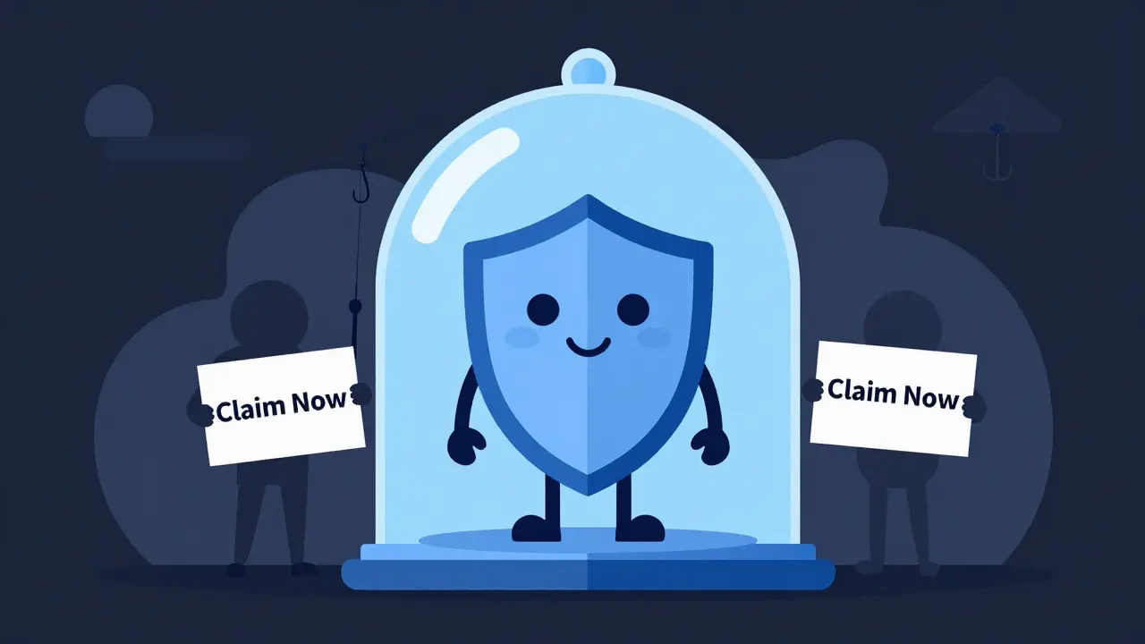 Flat illustration depicting a user protected by a security shield from a crypto scammer.