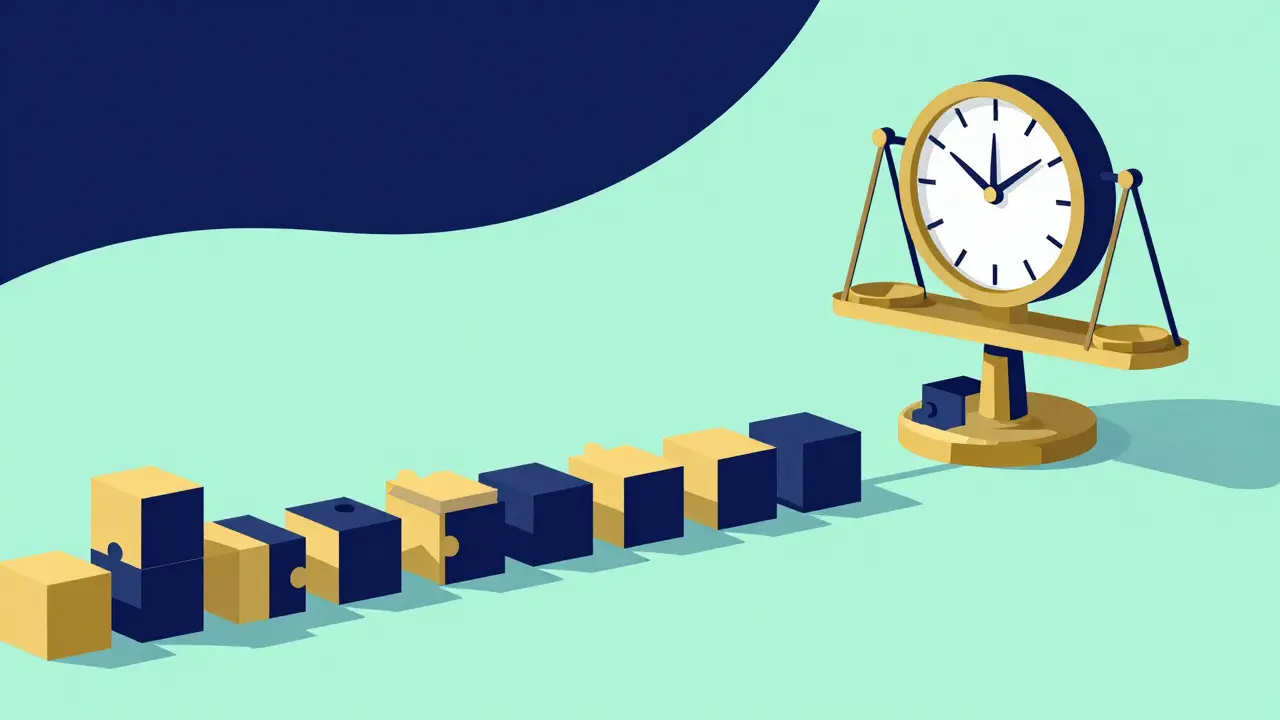 Flat illustration of a block chain path leading to a scale weighing time against blocks.