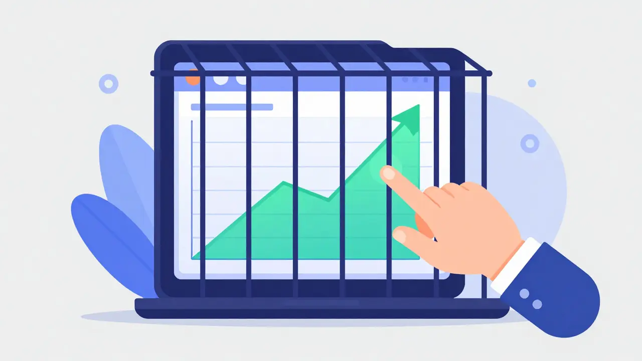Flat illustration of a digital trading screen acting as a cage for funds.