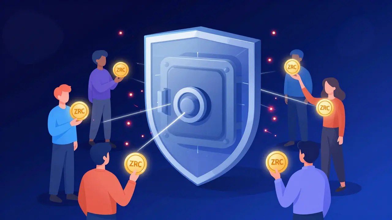 Flat illustration of a digital vault protected by AI shields with users holding ZRC tokens.