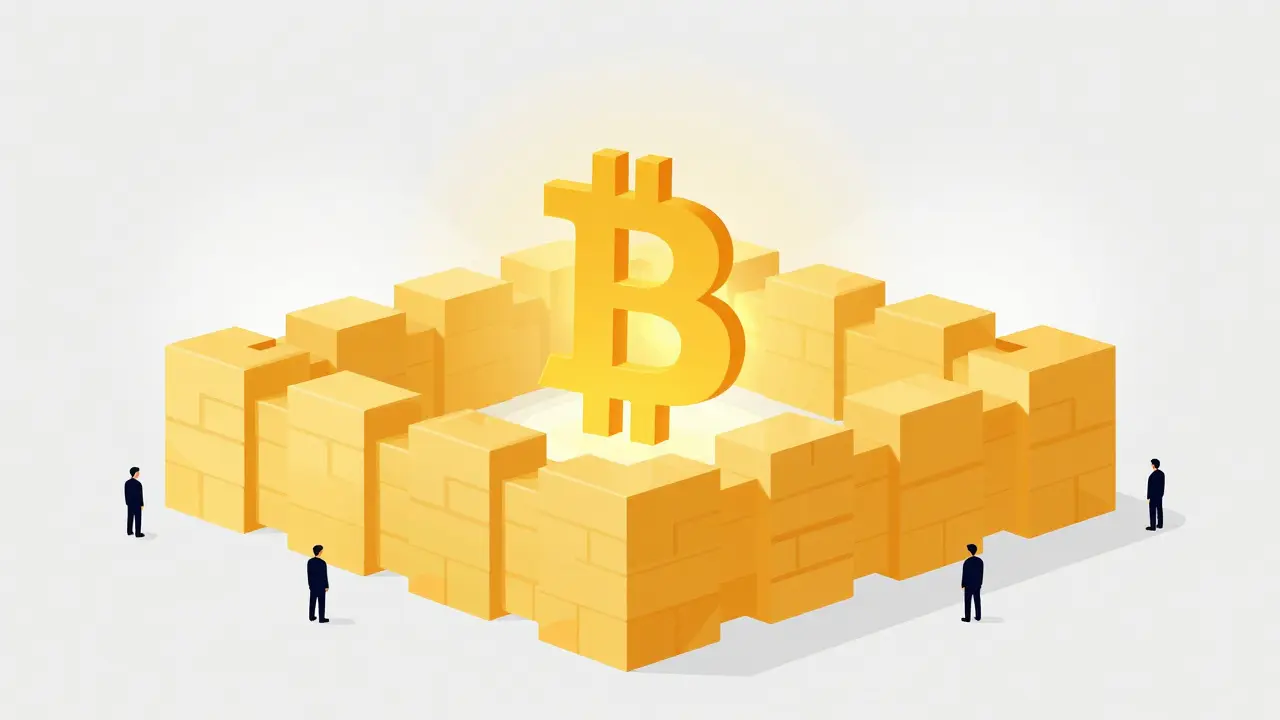 Flat illustration of a golden block fortress protecting a Bitcoin symbol.