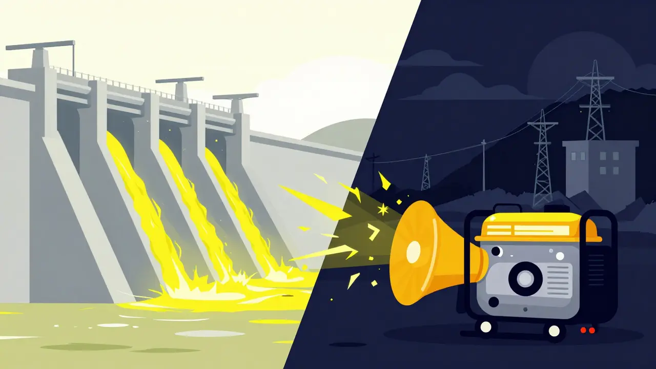 Flat illustration of a hydroelectric dam next to a mining facility using a backup generator.