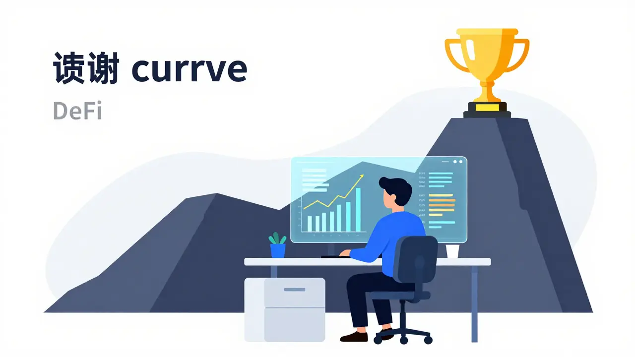 Flat illustration of a person studying DeFi charts next to a steep mountain representing a learning curve