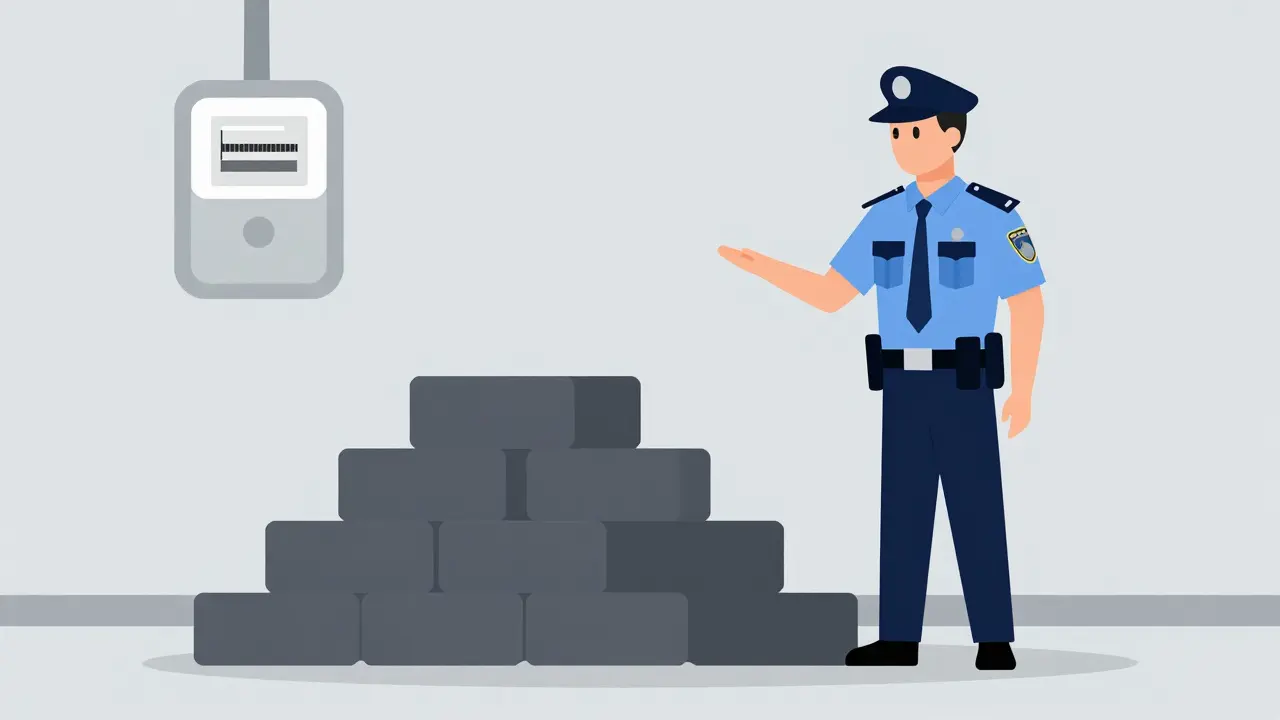 Flat illustration of a police officer standing by a pile of confiscated mining hardware.