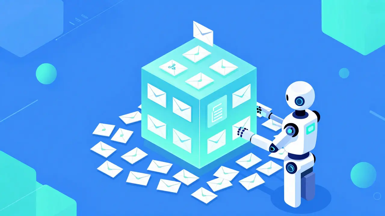 Flat illustration of a robot accountant bundling many transactions into one secure zk-rollup cube.