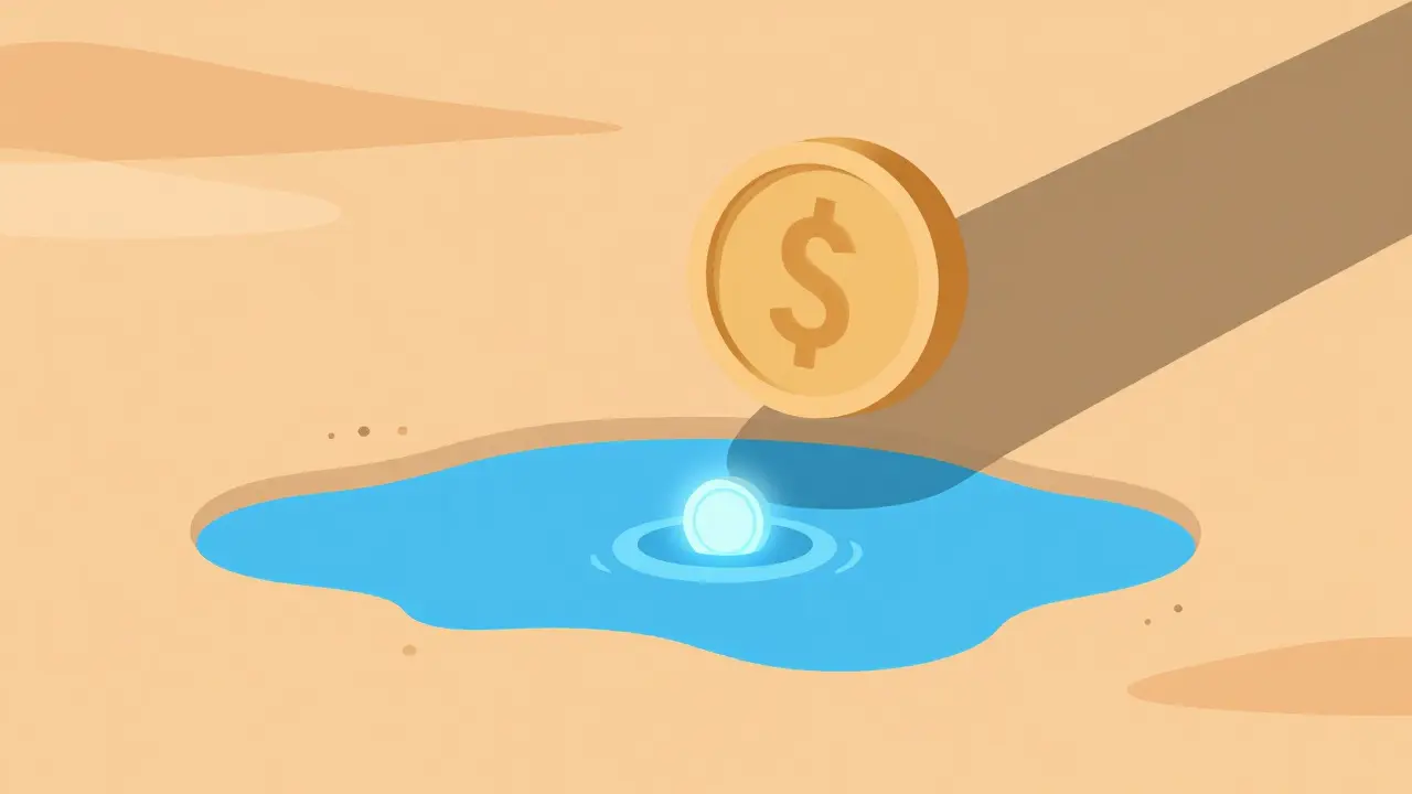 Flat illustration of a small liquidity pool in a digital desert representing slippage