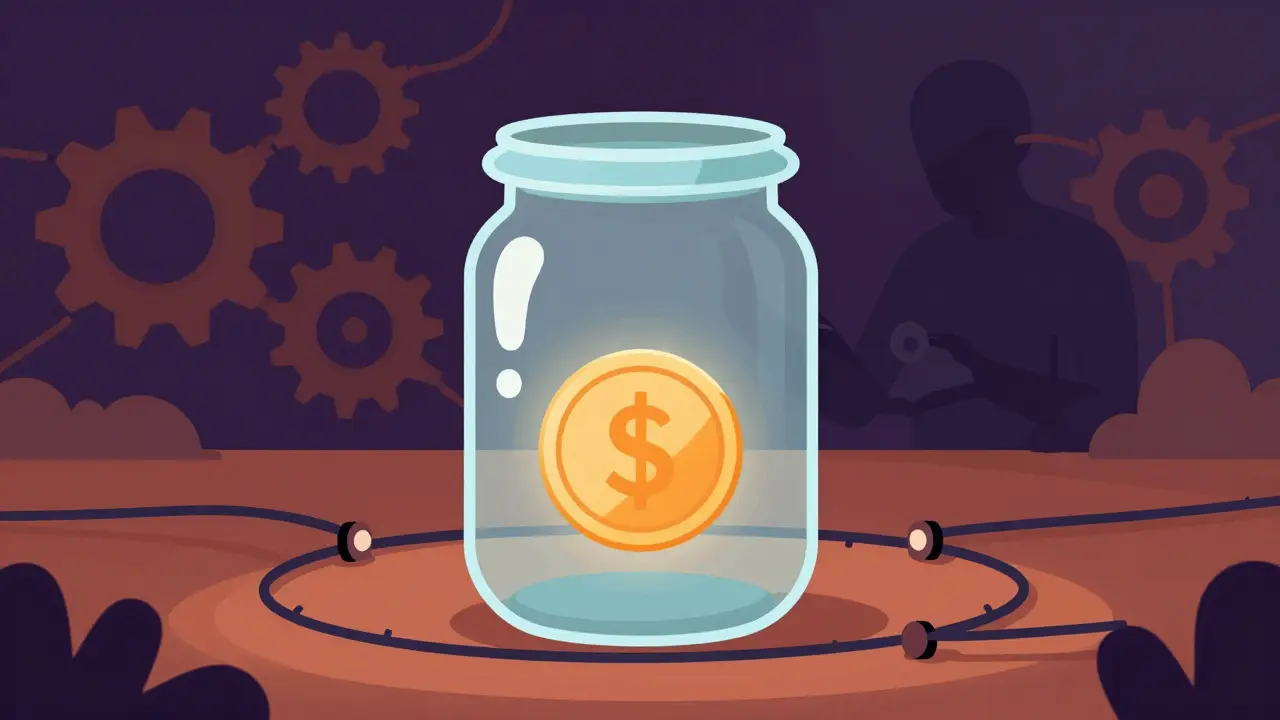Flat illustration of a token trapped in a glass jar symbolizing a crypto honeypot.