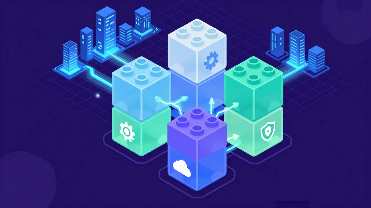 Flat illustration of modular blockchain architecture depicted as colorful interlocking digital blocks.
