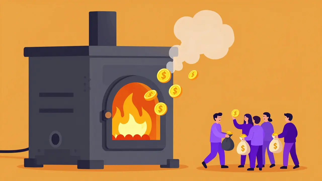 Flat illustration of PBR tokens being burned in a digital furnace