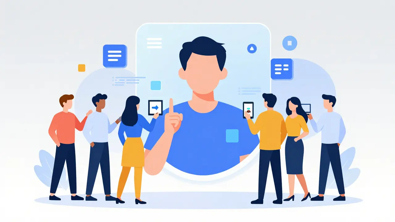 Flat illustration of people collaborating to create a 3D holographic avatar using digital tools.