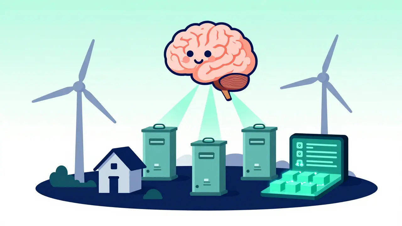 Flat illustration showing an AI brain coordinating energy storage and blockchain transactions.