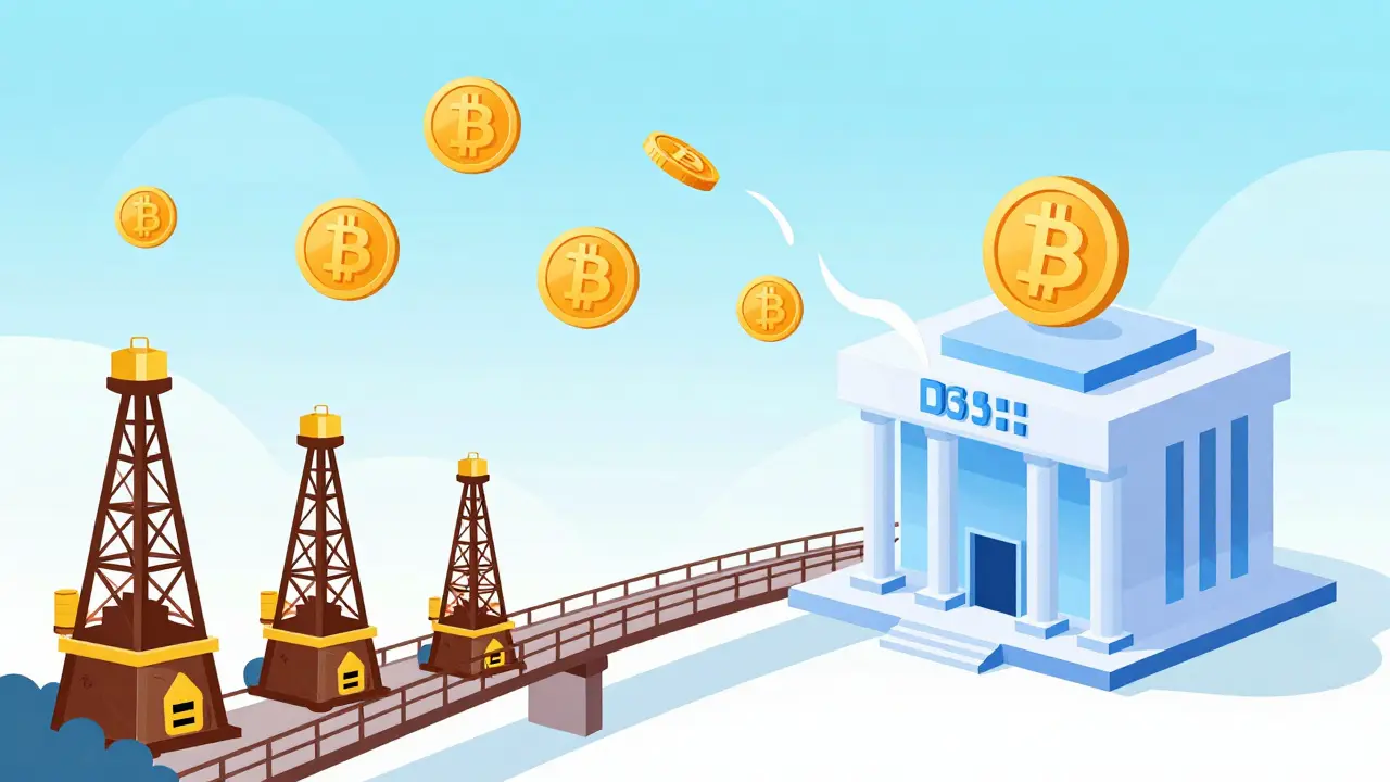 Flat illustration showing Bitcoin and stablecoins flowing from mining rigs toward a digital bank.