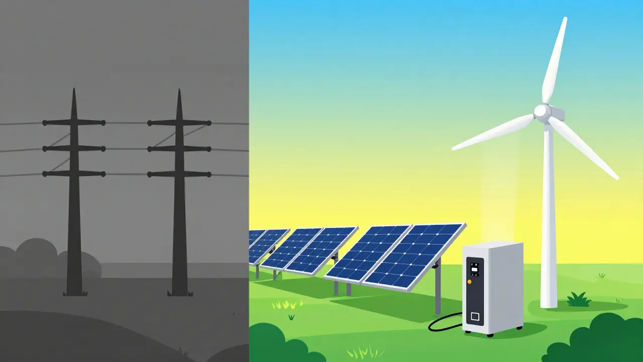 Flat illustration showing solar panels and wind turbines powering a cryptocurrency mining rig.