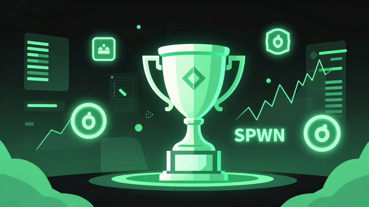 Futuristic esports arena with holographic trophies and floating tokens