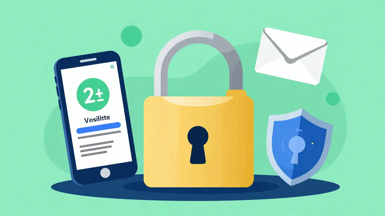 Golden padlock surrounded by 2FA and email security icons.