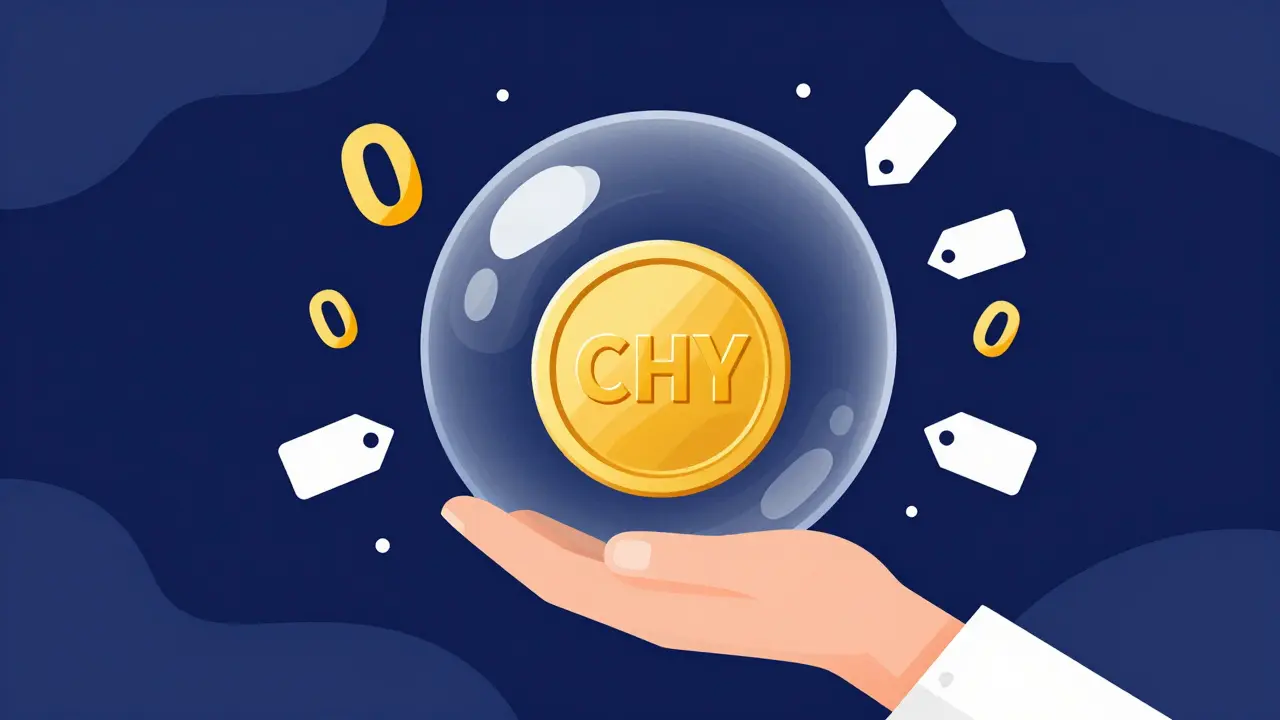 Hand holding a CHY token inside a bubble surrounded by zero symbols.