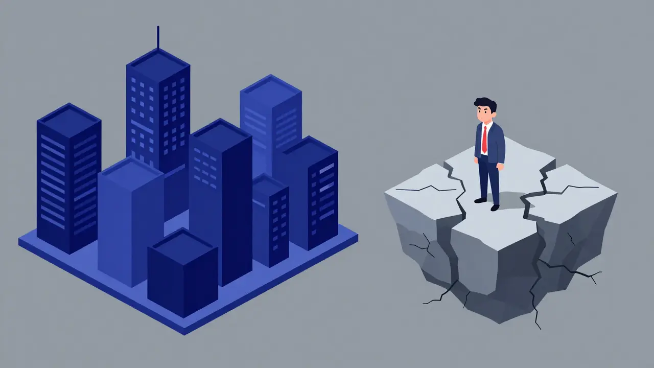 Illustration comparing a stable digital city to a fragile, cracking floating island.