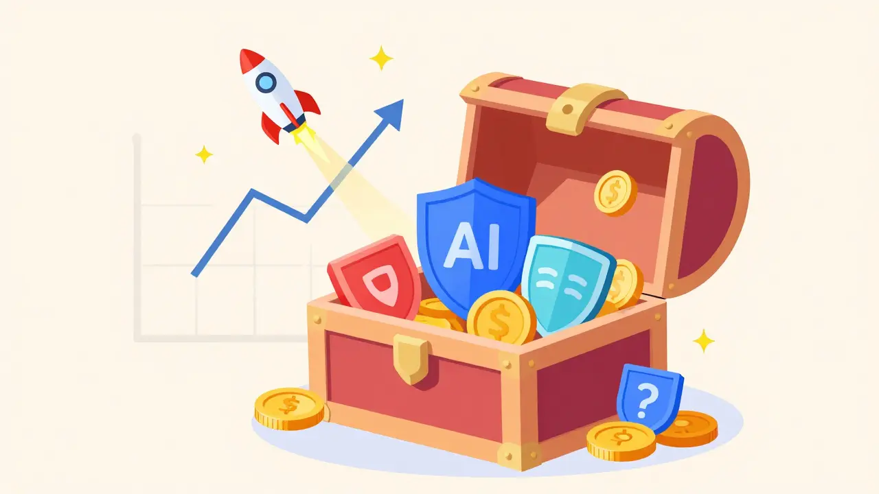 Open treasure chest with tech icons and rockets launching upward.