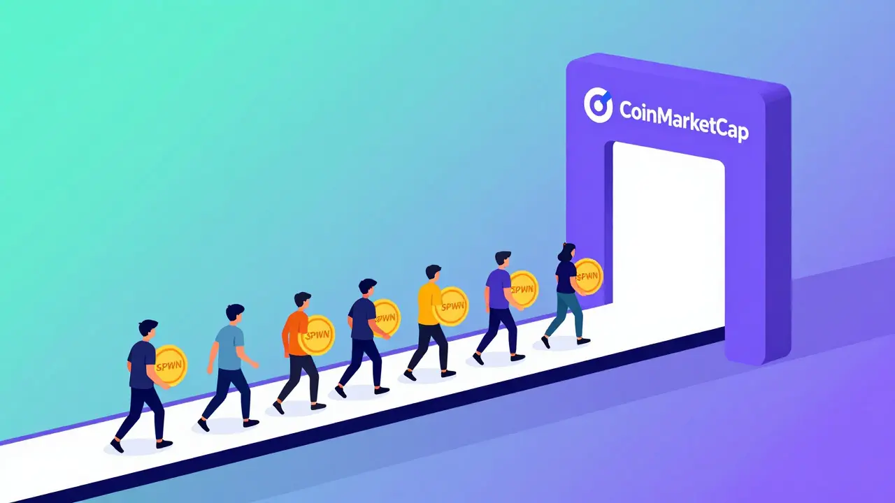 People crossing a digital bridge from CoinMarketCap to a Solana portal