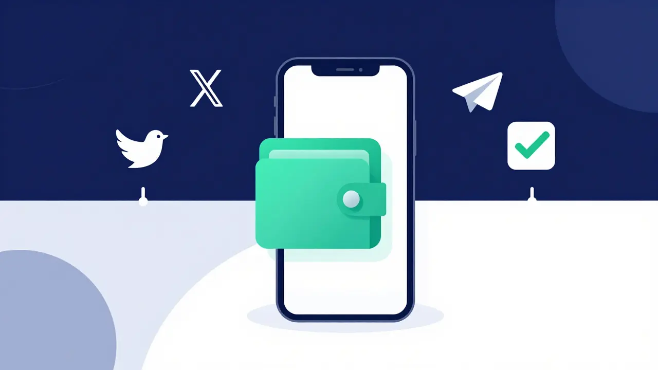 Smartphone with icons for social media tasks and a digital crypto wallet.