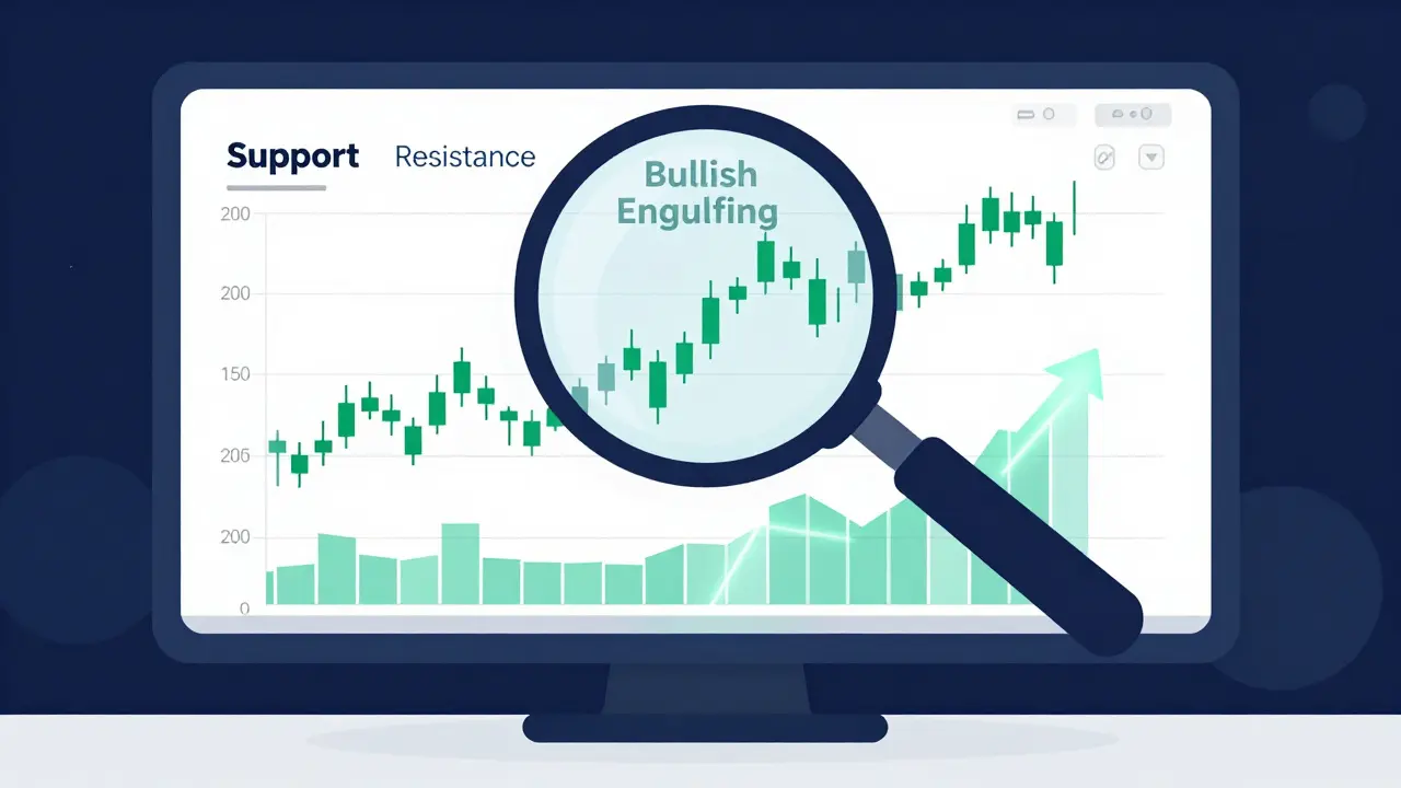 Trading screen showing candlestick patterns with support and resistance levels