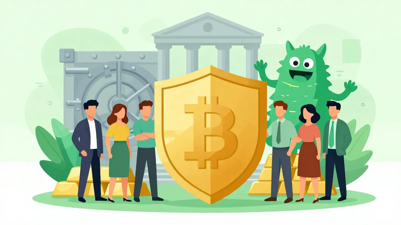 A golden shield protecting users from chaotic crypto scam monsters.