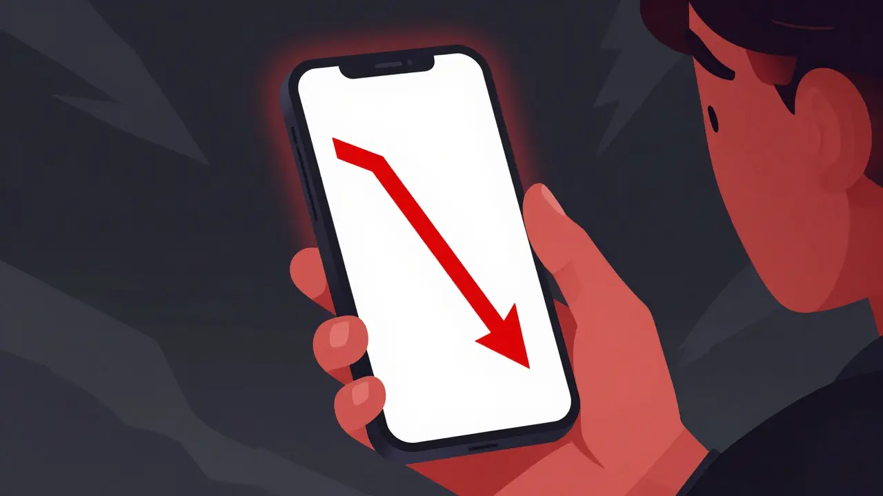 Anxious person holding a phone showing a crashing red stock chart in a storm.