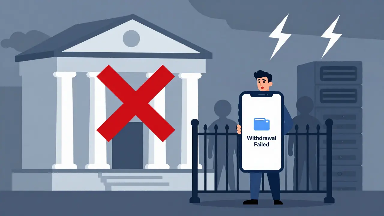 Cartoon of a user blocked by a banking crisis and frozen withdrawals