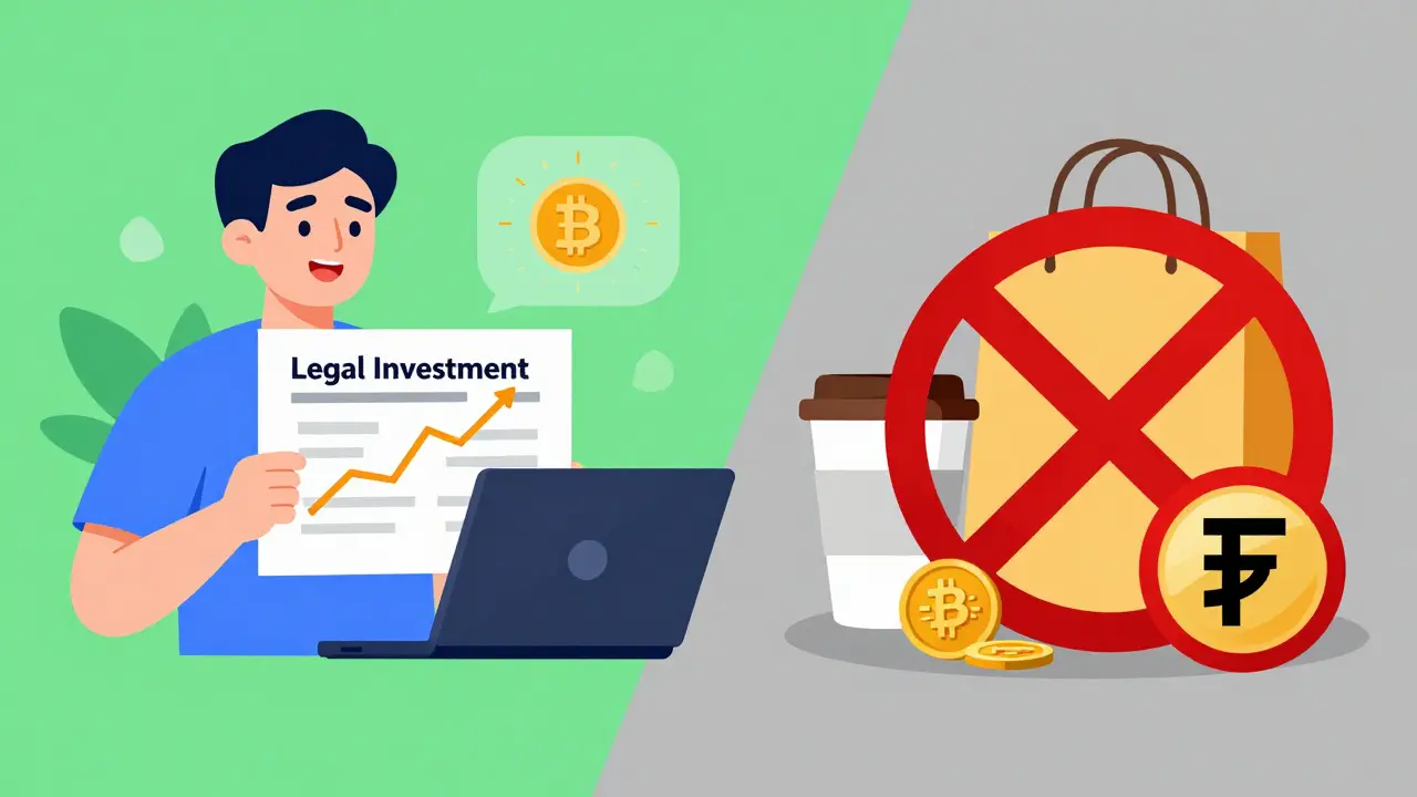 Cartoon showing legal crypto investment vs banned payments