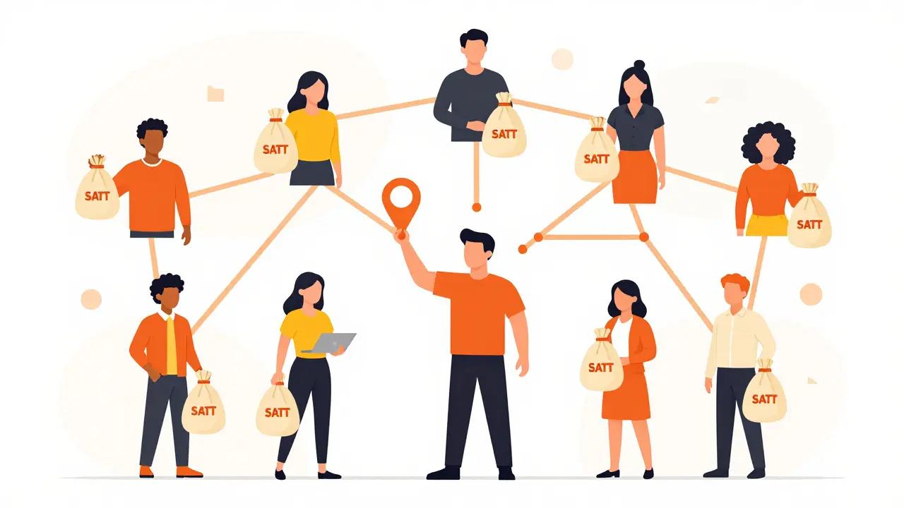 Central figure sharing referral links to earn tokens with others