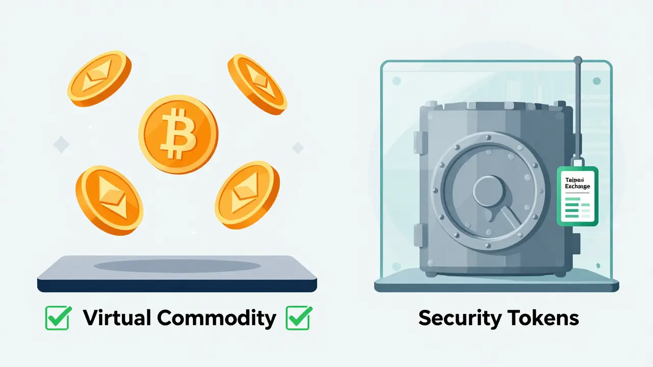 Comparison chart of virtual commodities vs security tokens