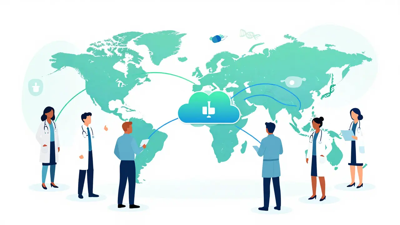 Conceptual art of doctors globally connected through a secure blockchain data network.