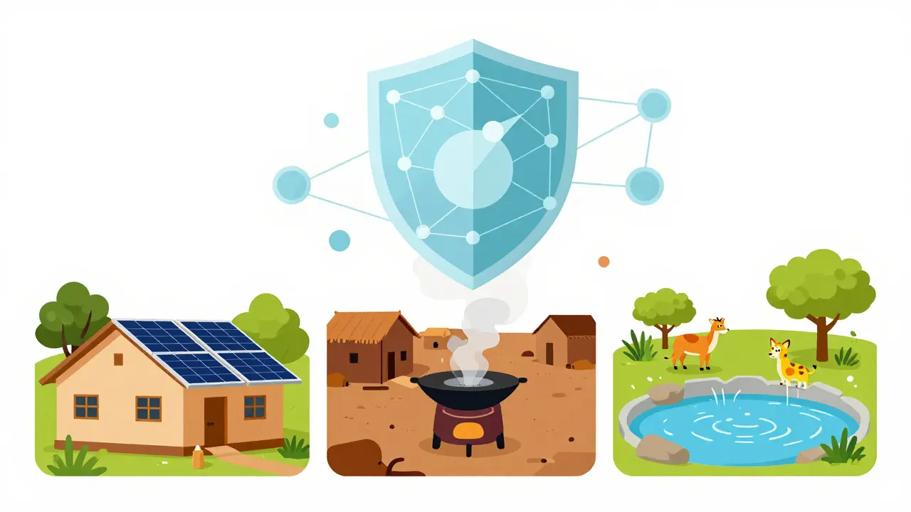 Digital blockchain shield protecting diverse global environmental projects