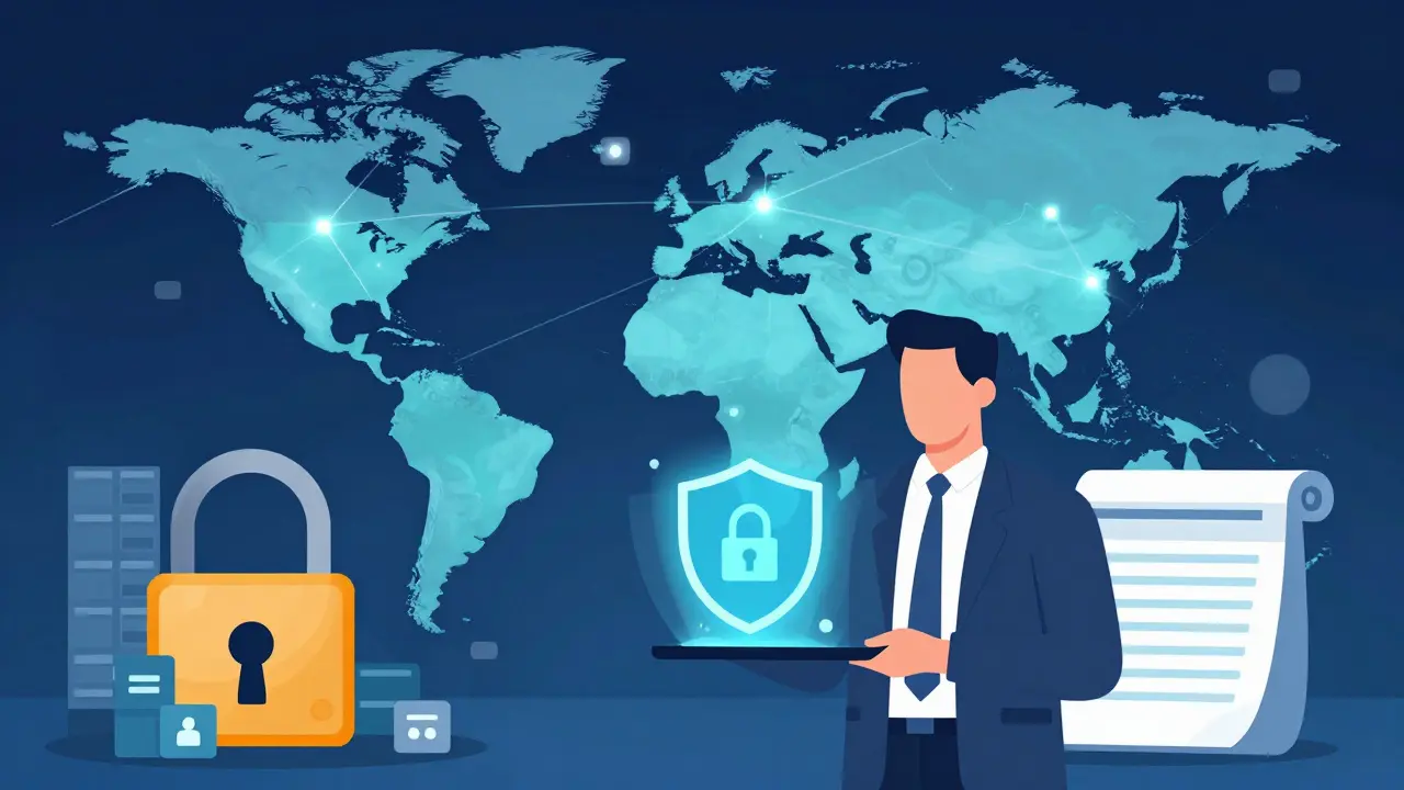Digital shield and ledger symbolizing secure property records