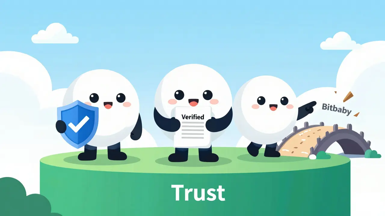 Friendly mascots representing safe exchanges standing on a trust foundation.