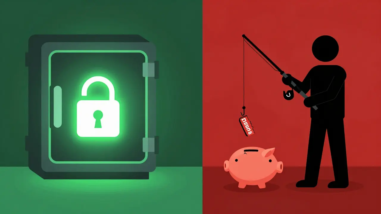 Illustration comparing secure crypto platforms with a phishing scam trap