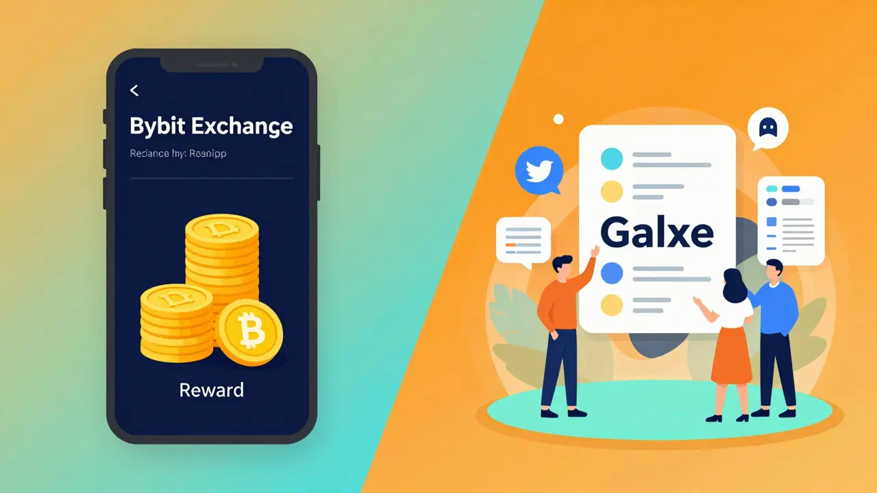 Illustration of crypto exchange rewards and community quest hubs