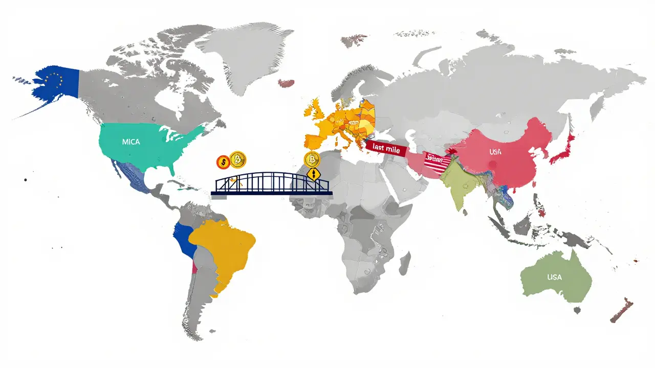 Map showing global regulatory barriers blocking crypto-to-fiat conversions.